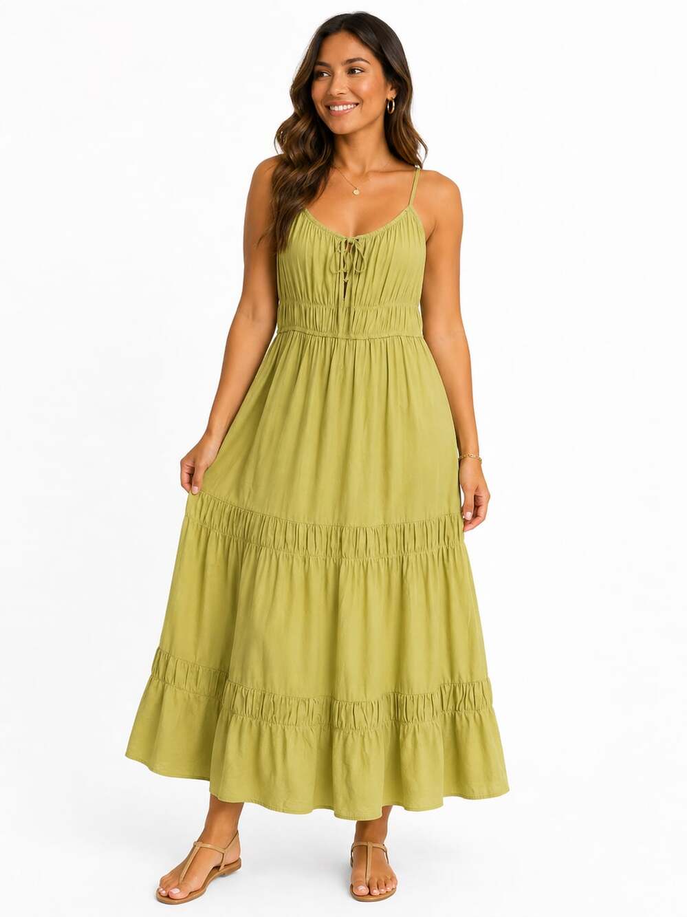Blu Pepper Women's Olive Green Shirred Tie-Front Tiered Maxi Dress